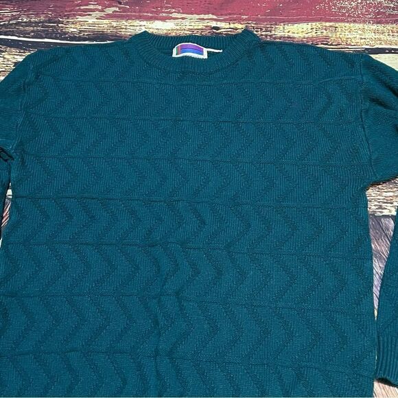 Vintage 80s Grandpa Textured Patterned Knit Sweater Teal Green / Blue - Picture 4 of 4
